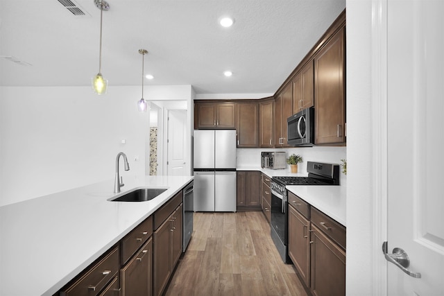 kitchen featuring dark brown cabinetry, stainless steel appliances, sink, pendant lighting, and light hardwood / wood-style floors