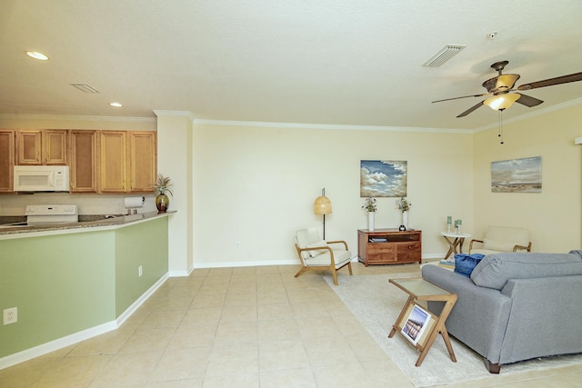 tiled living room featuring ceiling fan and ornamental molding