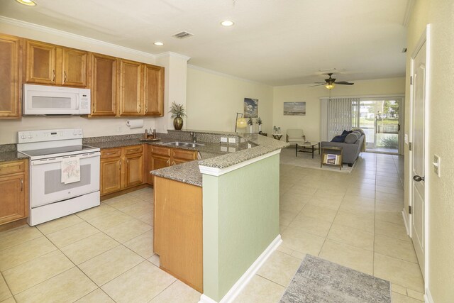 kitchen featuring sink, ornamental molding, light tile patterned floors, kitchen peninsula, and white appliances