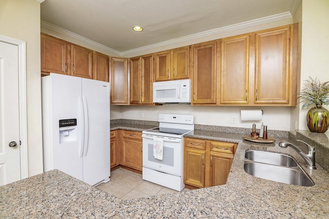 kitchen with crown molding, sink, light tile patterned floors, and white appliances