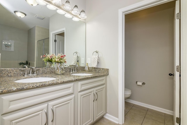 bathroom featuring tile patterned flooring, vanity, a shower with door, and toilet