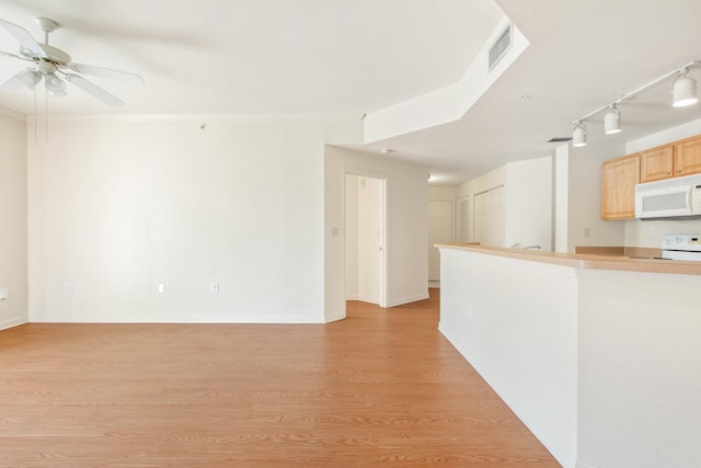 kitchen with ornamental molding, light brown cabinetry, light hardwood / wood-style floors, and electric stove