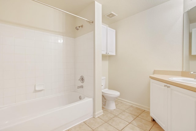 full bathroom with toilet, tiled shower / bath, vanity, and tile patterned floors