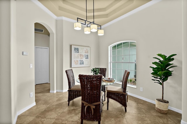 dining space featuring a wealth of natural light and a tray ceiling