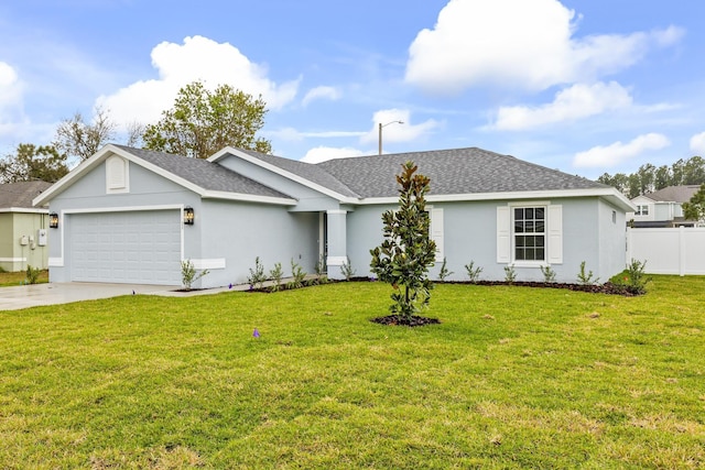 ranch-style home featuring stucco siding, concrete driveway, a garage, and fence