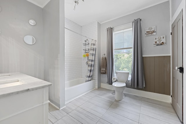 full bathroom with vanity, toilet, and shower / tub combo with curtain