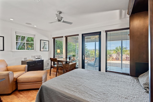 bedroom featuring recessed lighting, access to outside, light wood-type flooring, and ceiling fan