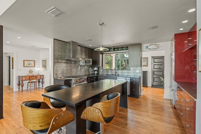 kitchen featuring visible vents, a sink, wall chimney exhaust hood, and backsplash