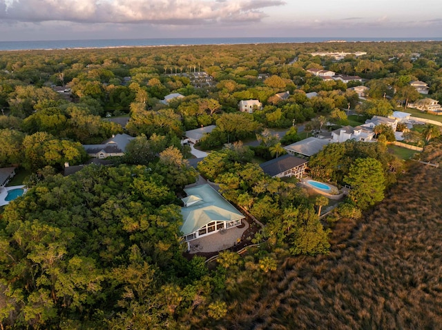 drone / aerial view with a wooded view