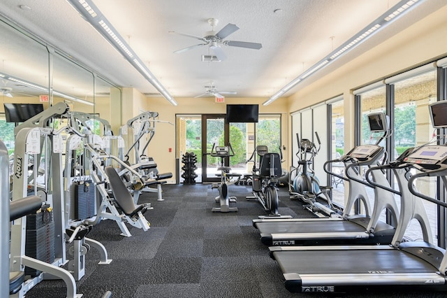 gym with visible vents, a textured ceiling, and ceiling fan