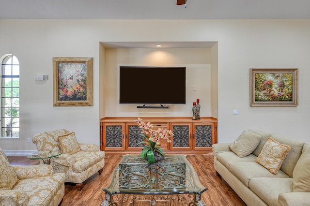 living room featuring plenty of natural light, baseboards, a ceiling fan, and wood finished floors