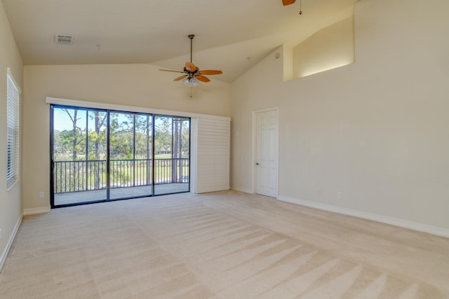 unfurnished room featuring light carpet, visible vents, and ceiling fan