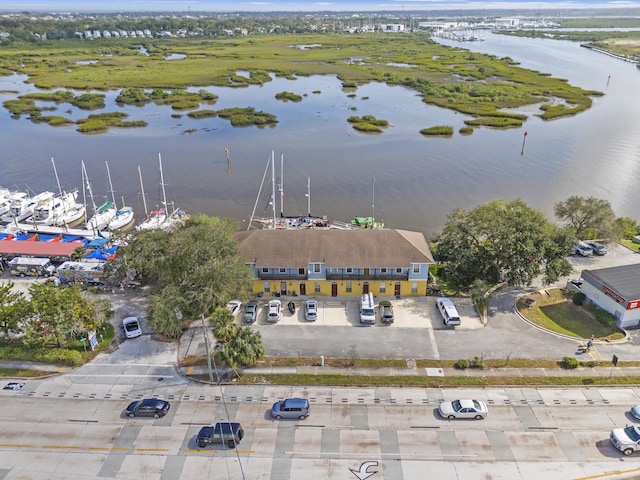 bird's eye view with a water view