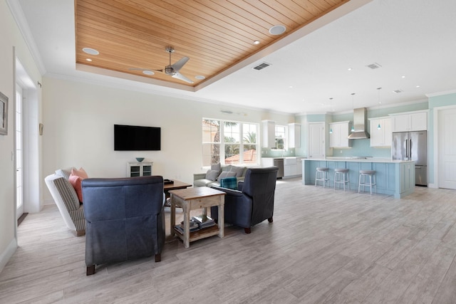15 Cypresswood Dr, Palm Coast, FL 32137 - living room with visible vents, a raised ceiling, light wood finished floors, and a ceiling fan