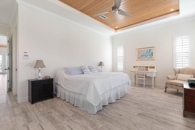 15 Cypresswood Dr, Palm Coast, FL 32137 - bedroom featuring ornamental molding, baseboards, a raised ceiling, wooden ceiling, and light wood-style flooring