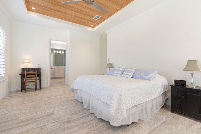 15 Cypresswood Dr, Palm Coast, FL 32137 - bedroom featuring connected bathroom, light wood-style floors, a tray ceiling, visible vents, and wood ceiling