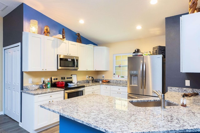 4420 Cedar Ford Blvd, Hastings, FL 32145 - kitchen with appliances with stainless steel finishes, a peninsula, light stone counters, wood finished floors, and white cabinetry