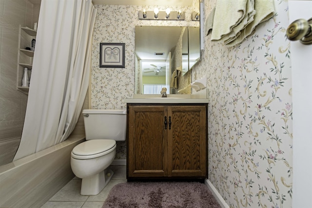 full bathroom with tile patterned flooring, vanity, shower / bath combination with curtain, and toilet