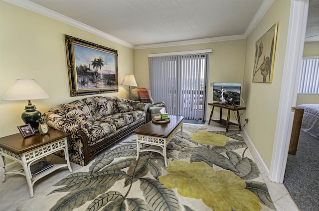 living room featuring crown molding and a textured ceiling