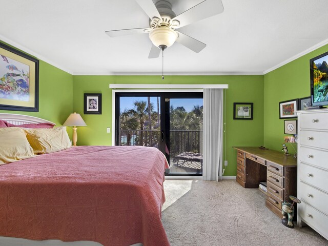 890 A1A Beach Blvd Unit 3, Saint Augustine, FL 32080 - bedroom featuring access to outside, carpet, ornamental molding, ceiling fan, and baseboards