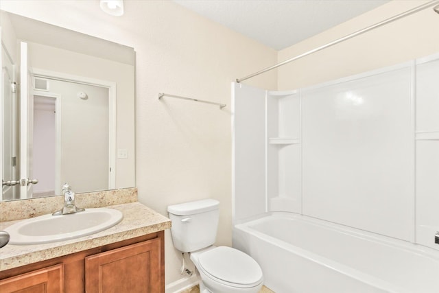 full bathroom with a textured ceiling, toilet, vanity, and bathing tub / shower combination