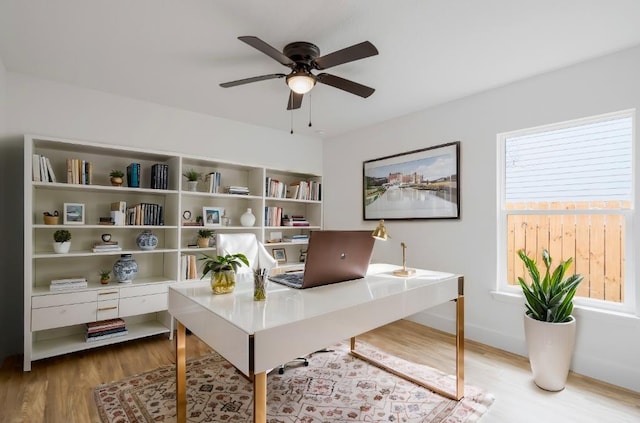 office with ceiling fan and wood-type flooring