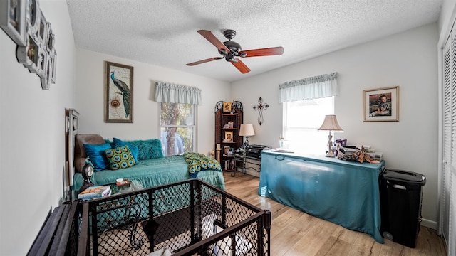 living room featuring light hardwood / wood-style floors, a textured ceiling, and ceiling fan