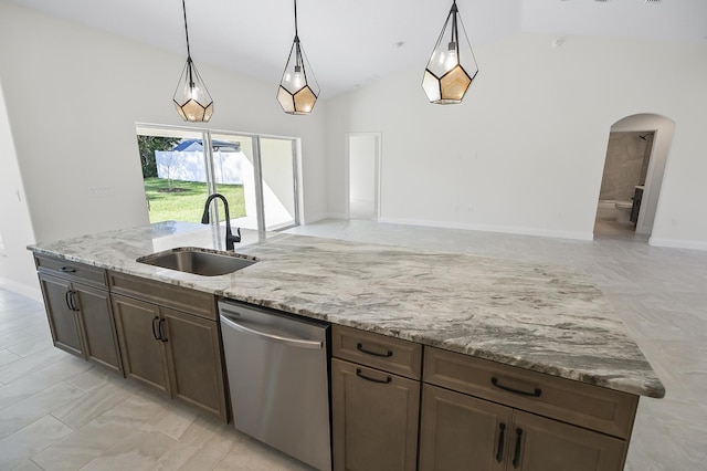 kitchen with dishwasher, sink, light stone counters, lofted ceiling, and decorative light fixtures