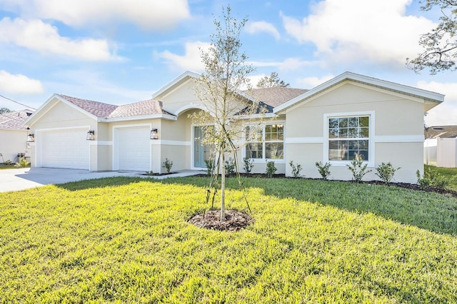 single story home with a front lawn and a garage