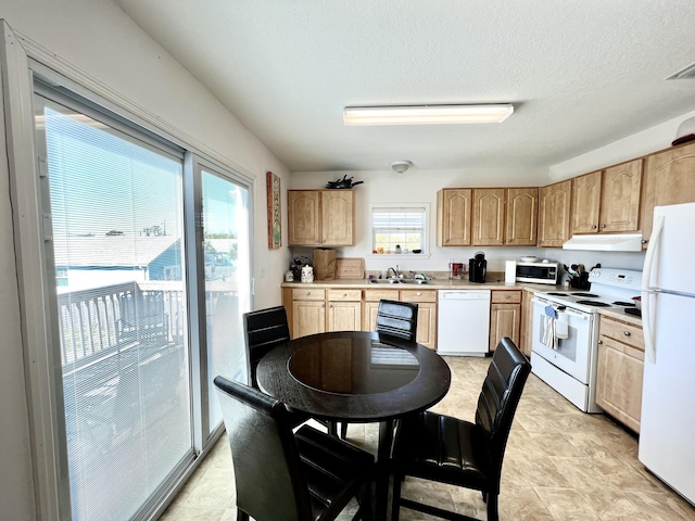 5961 S A1A, Saint Augustine, FL 32080 - kitchen featuring white appliances, under cabinet range hood, light countertops, and light brown cabinets