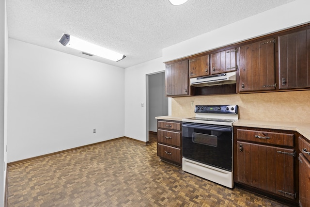 kitchen featuring dark brown cabinets, electric range oven, and a textured ceiling