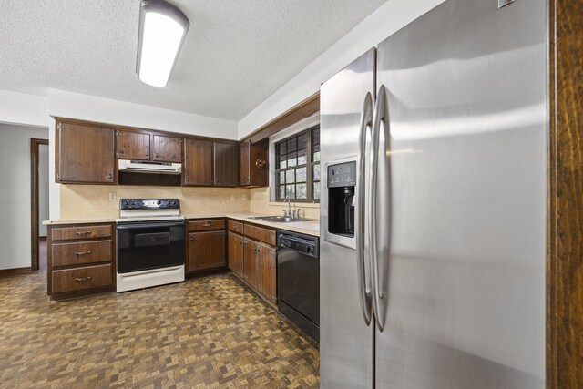 kitchen with stainless steel fridge, dark brown cabinetry, white range with electric stovetop, sink, and dishwasher