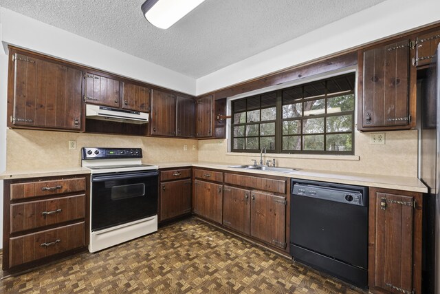 kitchen with dark brown cabinetry, sink, black dishwasher, white electric stove, and a textured ceiling