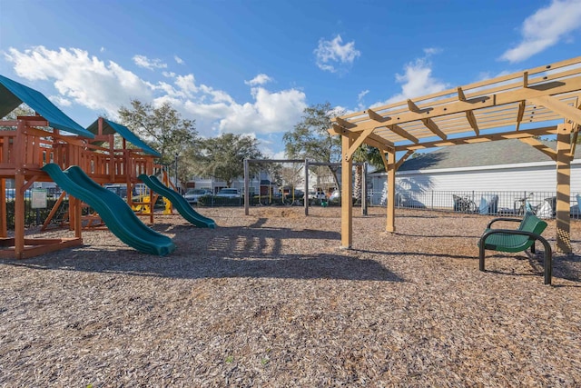 view of jungle gym with a pergola