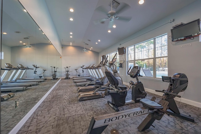 gym with carpet, vaulted ceiling, and ceiling fan