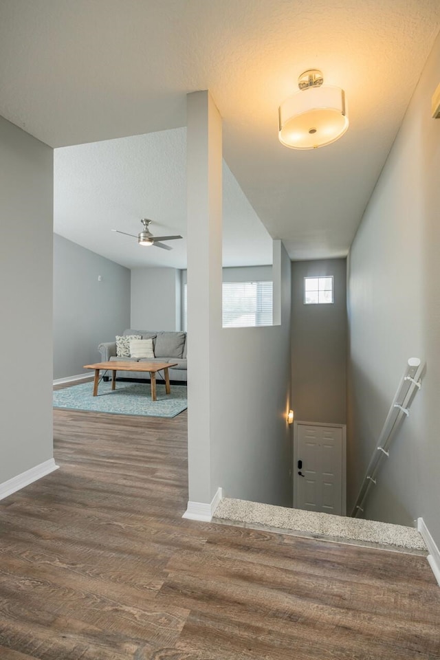 entryway with hardwood / wood-style flooring and ceiling fan