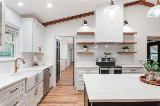 kitchen with open shelves, stainless steel appliances, and vaulted ceiling with beams