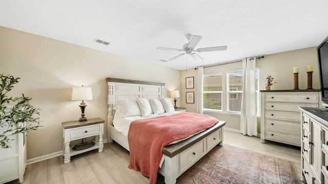 bedroom with ceiling fan and light hardwood / wood-style flooring