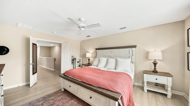 bedroom with ceiling fan and light wood-type flooring