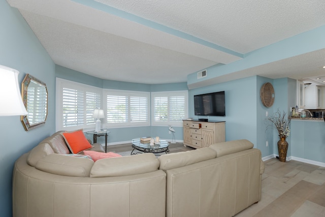 living room featuring a textured ceiling and light hardwood / wood-style flooring