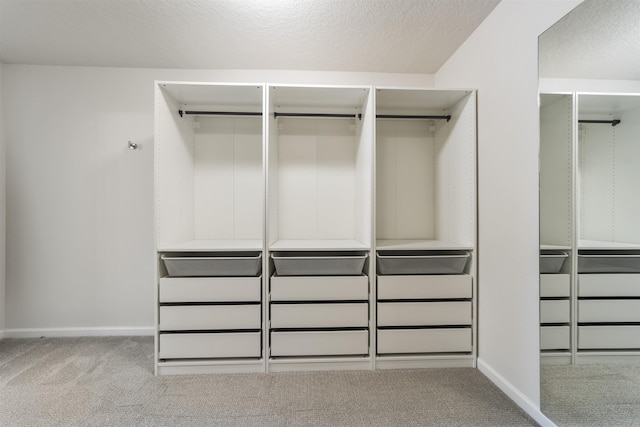 spacious closet featuring light carpet