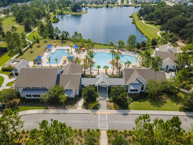 birds eye view of property featuring a water view