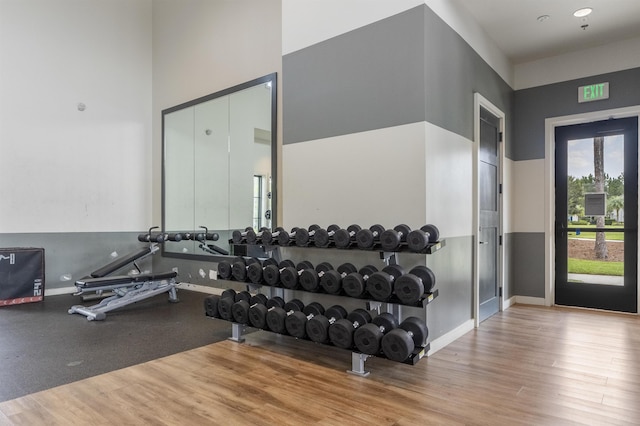 gym featuring light hardwood / wood-style floors