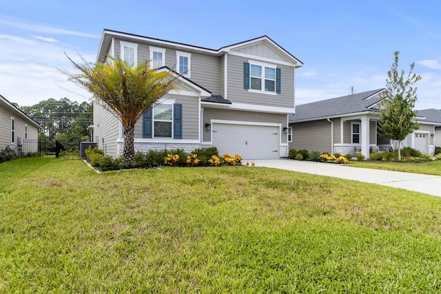 view of front facade with a garage, central AC unit, and a front lawn