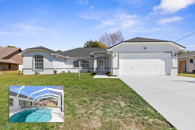 view of front of home with a lanai, an attached garage, a front lawn, and stucco siding