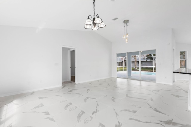 interior space featuring visible vents, baseboards, high vaulted ceiling, a notable chandelier, and marble finish floor