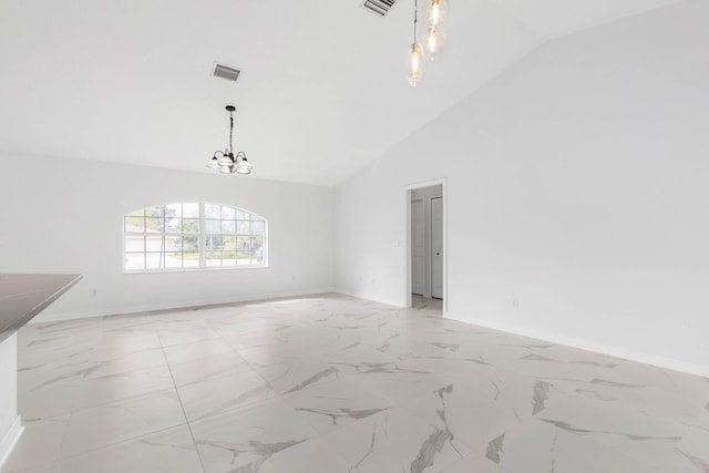 empty room featuring visible vents, baseboards, an inviting chandelier, marble finish floor, and high vaulted ceiling