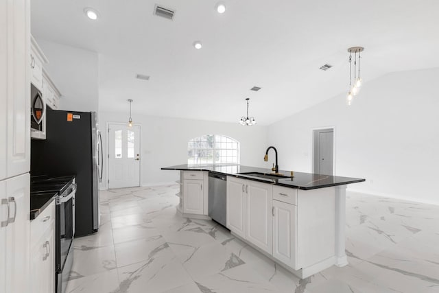 kitchen featuring visible vents, stainless steel appliances, marble finish floor, and a sink