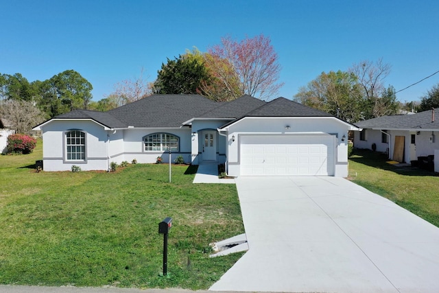 single story home featuring stucco siding, a front lawn, concrete driveway, and an attached garage