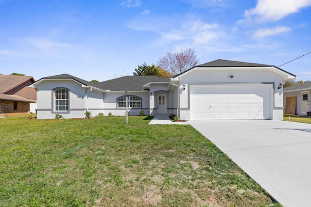 ranch-style home with stucco siding, driveway, a garage, and a front lawn